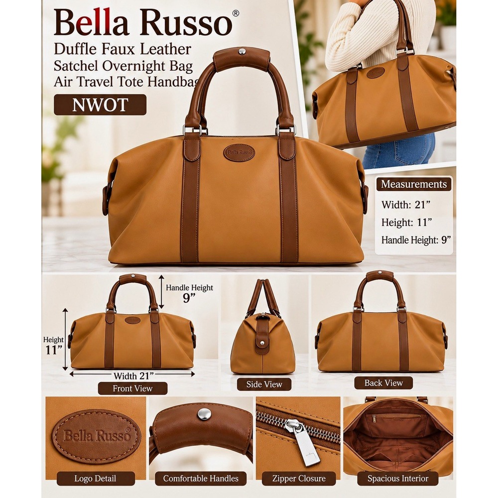 Bella Russo Brown Faux Leather Duffle Overnight Travel Bag 19-22" Zipper